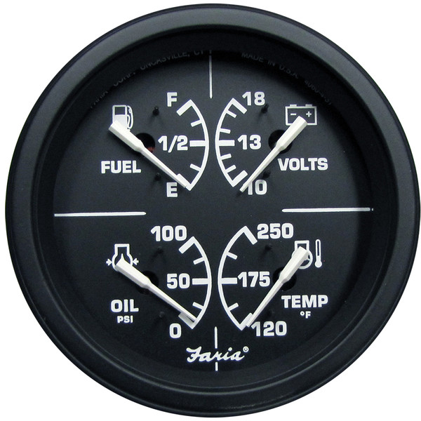 Faria Heavy-Duty 4" Multifunction [Fuel Level | Oil PSI (100 PSI) | Water Temp (120 Degree -250 Degree  F) | Voltmeter (10-16 VDC)] - Black (43006)