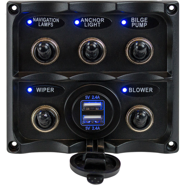 Sea-Dog Water Resistant Toggle Switch Panel w/USB Power Socket - 5 Toggle (424617-1)