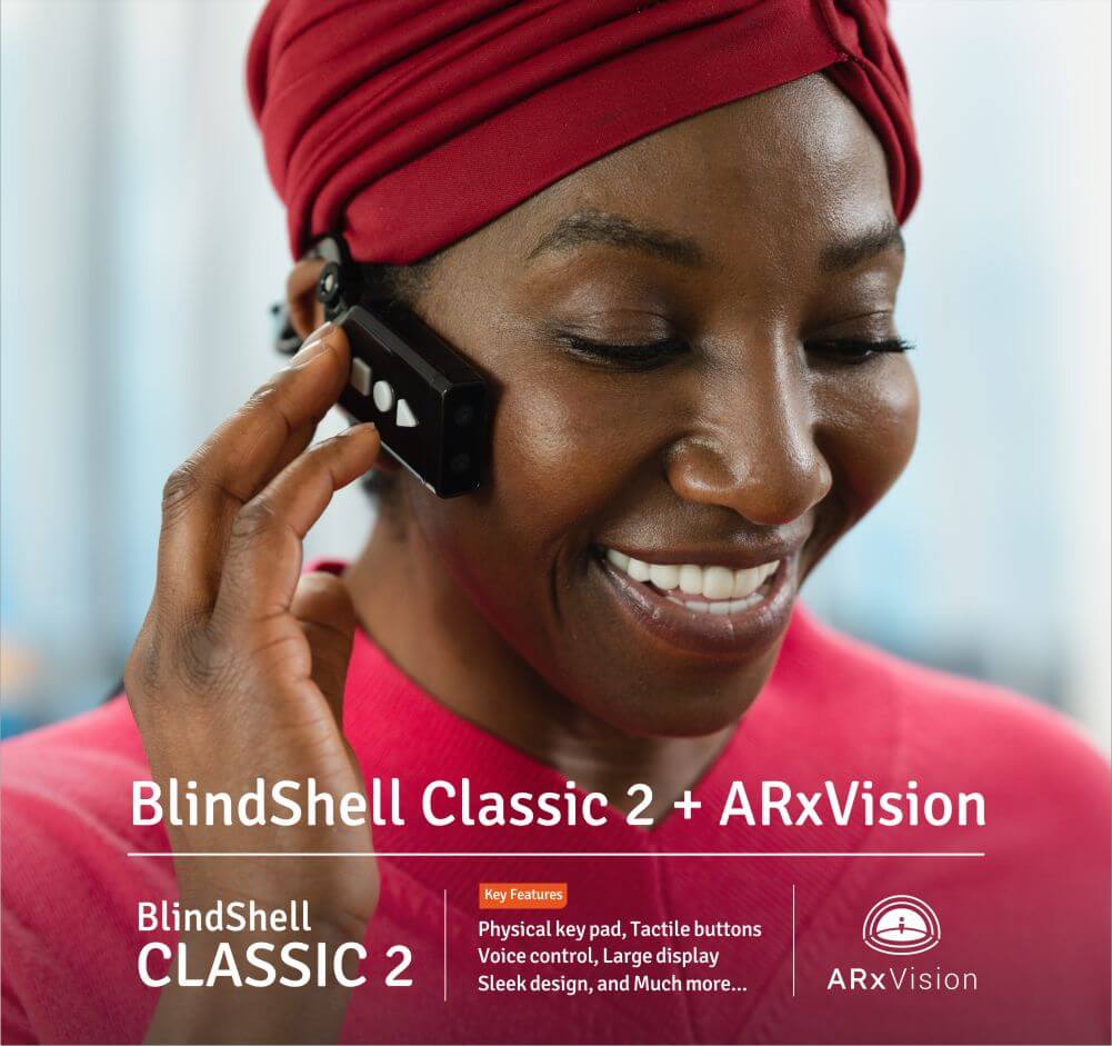 Middle age woman using her ARxVision toether with a BlindShell Classic 2. Meet the BlindShell Classic 2 + ARx Vision.