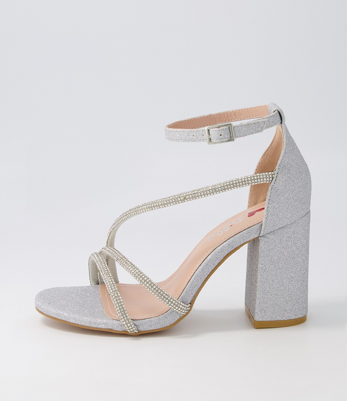 Quiz Wide Fit Silver Shimmer Diamante Block Heeled Sandals | Grattan