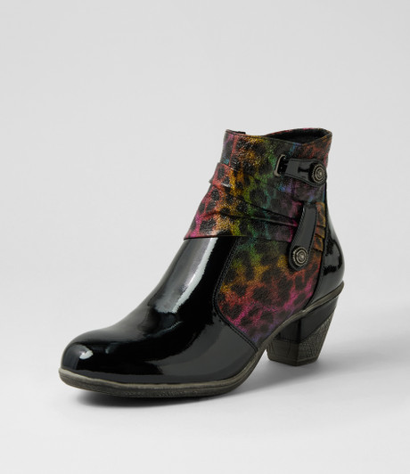 Zeppie Black Rainbow Leopard Patent Pu Fabric Ankle Boots