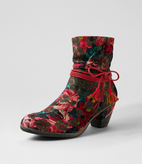 Zonte Red Ornate Velvet Ankle Boots