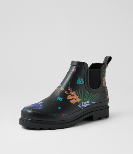 Baia Black Flower Gumboot Ankle Boots