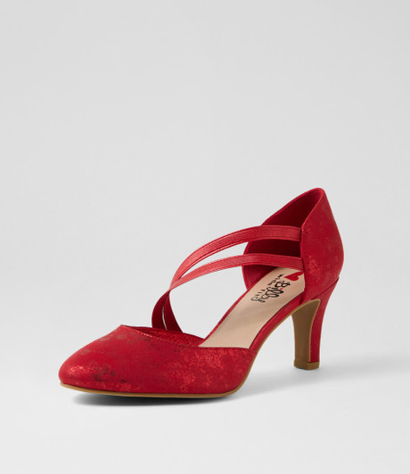 Issen W Red Shimmer Fabric Heels
