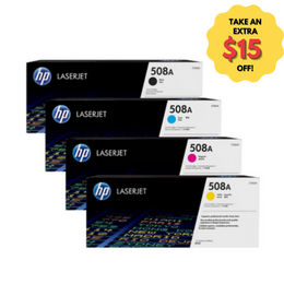 HP #508A Genuine Value Pack (CF360A, CF361A, CF362A, CF363A) - Clearance Sale HP COLOUR LASERJET M552DN, HP COLOUR LASERJET M553DN, HP COLOUR LASERJET M553N, HP COLOUR LASERJET M553X, HP COLOUR LASERJET M577Z;Condition=All Clearance items will be in sealed boxes. Some may have superficial external damage such as dints or labels etc, but will have no impact on the toners quality. Take advantage of a bargain!
