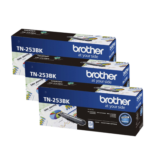 Genuine Brother TN253Bk Black Toner 3 pack - 7,500 Pages BROTHER HLL3230CDW, BROTHER HLL3270CDW, BROTHER MFCL3745CDW, BROTHER MFCL3770CDW, BROTHER MFCL3750CDW, BROTHER MFC DCP-L3510CDW