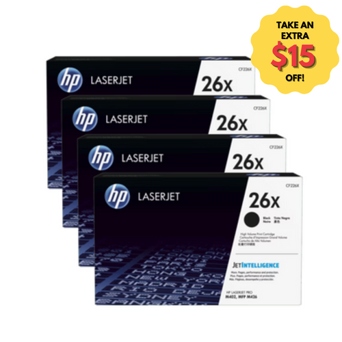 Genuine HP #26X Black Toner CF226X - 4 Pack - High Yield 9.0K HP LASERJET PRO M402, HP LASERJET PRO MFP M426 Genuine HP #26X Black Toner CF226X - 4 Pack - High Yield 9.0K HP LASERJET PRO M402, HP LASERJET PRO MFP M426