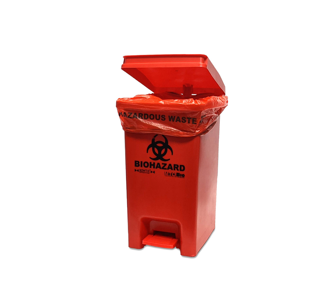 Bright Red Bin with Attached Lid and Foot Operated Pedal For Laboratory  Biohazard Bags