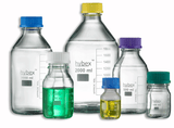 Hybex borosilicate glass solvent and media storage bottles come with painted on graduation lines and a tight sealing GL45 screw-cap