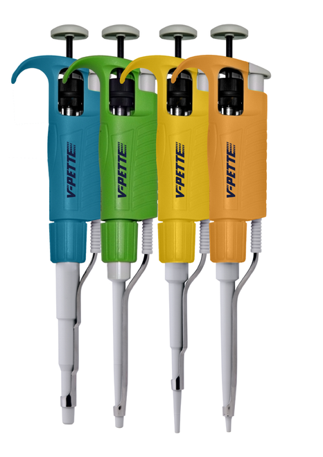 Labnet V-Pette Adjustable Volume Micropipettes are Brightly Color Coded for Easy Identification. Starter Set comes with Four Pipettes - A P10, P20, P200 and P1000. 