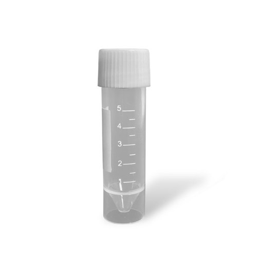 T05-TRSPT - a 5mL sterile skirted laboratory tube with clear graduations and an attached cap. Perfect for collecting and shipping laboratory samples