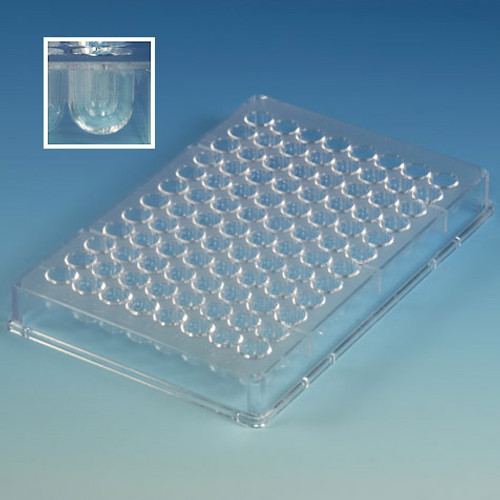 96 Well Polystyrene Assay Plate with U-Bottom, 300uL Per Well. Insert Image Shows Well Shape