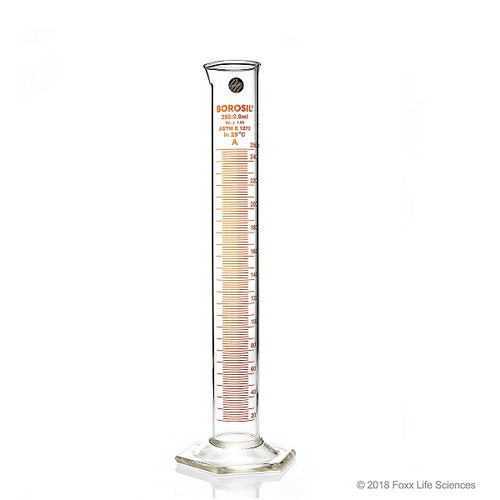 Borosil Glass 250mL Graduated Cylinder 3026021A- with Hexagonal Base and Orange Graduation Lines - Lab Supplies - Stellar Scientific