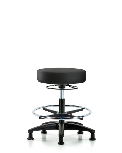 Black Vinyl Lab Stool with Chrome Foot Ring and Black Nylon Glides - VMBSO-RG-CF-RG-8540 - Laboratory Chairs - Stellar Scientific