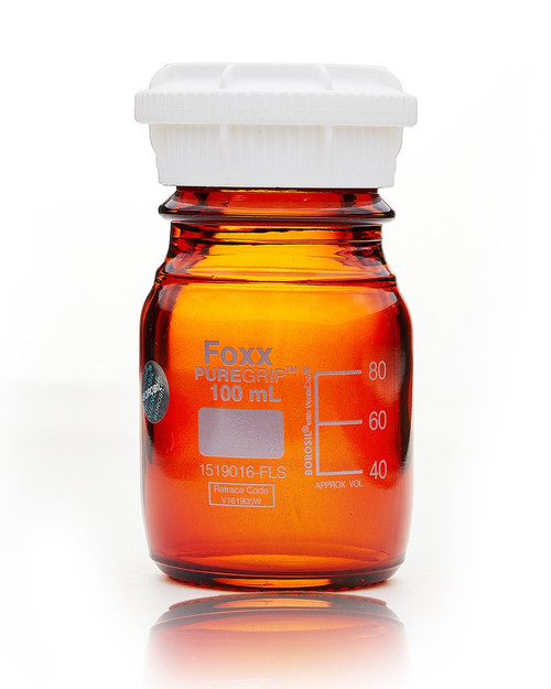 PUREGRIP® 100mL Amber Reagent Graduated Glass Bottle with GL45 Screw Cap and Pouring Ring - Lab Glassware - Stellar Scientific PUREGRIP® 100mL Amber Reagent Graduated Glass Bottle with GL45 Screw Cap and Pouring Ring - Lab Glassware - Stellar Scientific
