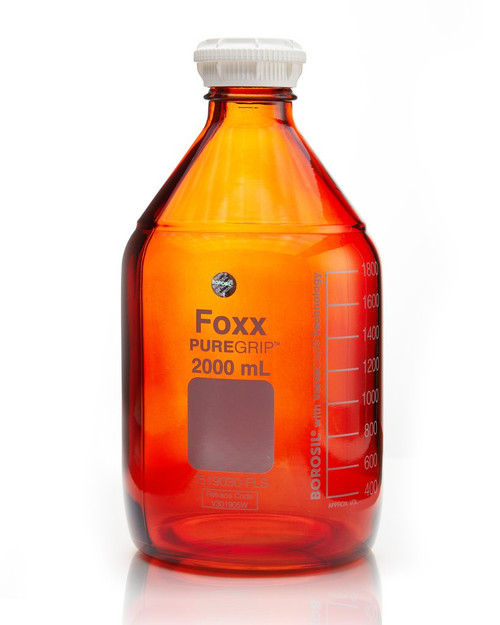 PUREGRIP® 2000mL Amber Reagent Graduated Glass Bottle with GL45 Screw Cap and Pouring Ring - Lab Glassware - Stellar Scientific PUREGRIP® 2000mL Amber Reagent Graduated Glass Bottle with GL45 Screw Cap and Pouring Ring - Lab Glassware - Stellar Scientific