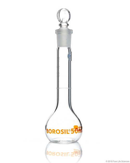 Borosil Clear 50mL Glass Volumetric Flask 5647012A with Glass Stopper 