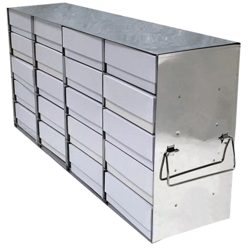 Stainless Steel Freezer Rack for 2 Inch Cryo Freezer Boxes UF-452 - Holds 20 Boxes  Five high by Four deep- Lab Supplies - Stellar Scientific - Actual Rack has shelves to support boxes