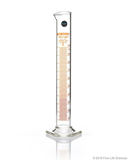 Borosil Glass 100mL Graduated Cylinder 3026016A - with Hexagonal Base and Orange Graduation Lines - Lab Supplies - Stellar Scientific Borosil Glass 100mL Graduated Cylinder 3026016A - with Hexagonal Base and Orange Graduation Lines - Lab Supplies - Stellar Scientific