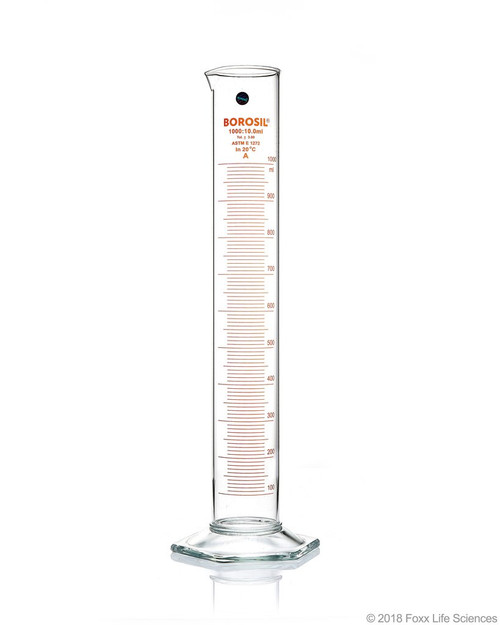 Foxx Life Sciences 3026029A 1 Liter Graduated_Glass Laboratory Measuring_Cylinder With hexagonal_base - Lab Glassware - Stellar Scientific