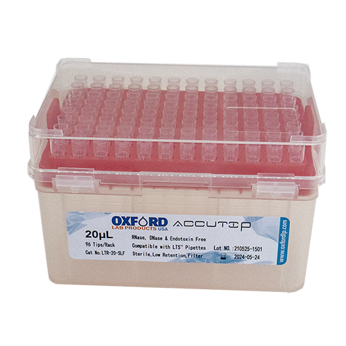 Rainin LTS (LTR-20-SLF) pipette tips from Stellar Scientific are packaged in color coded individual racks of 96 tips and sold by the case of 50 racks