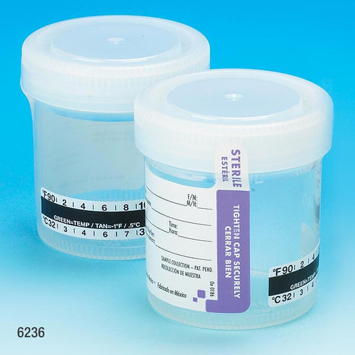 Drug Test Container, 90mL, Wide Mouth, Attached White Screwcap, STERILE, Tab-Seal Patient ID Label & Celsius Thermometer Strip, PP, case of 300