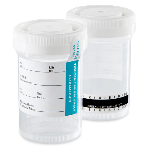 Polypropylene 90mL Drug Test Container with Attached White Screwcap, STERILE, Tab-Seal Patient ID Label & Thermometer Strip, Case of 400 Polypropylene 90mL Drug Test Container with Attached White Screwcap, STERILE, Tab-Seal Patient ID Label & Thermometer Strip, Case of 400