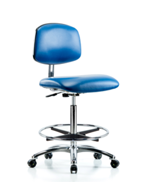 Class 100 Vinyl Clean Room/ESD Chair - High Bench Height with Medium Back, Seat Tilt, Chrome Foot Ring, & ESD Casters in Blue ESD Vinyl