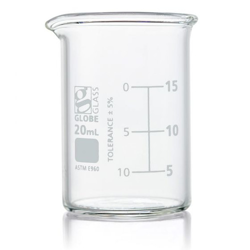 Globe Scientific 20mL Low Form ASTM Borosilicate Glass Griffin Beaker 8010020 For Laboratory Liquid Measuring - Lab Glassware - Stellar Scientific