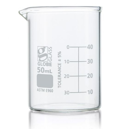 Globe Scientific 50mL Low Form ASTM Borosilicate Glass Griffin Beaker 8010050 For Laboratory Liquid Measuring - Lab Glassware - Stellar Scientific