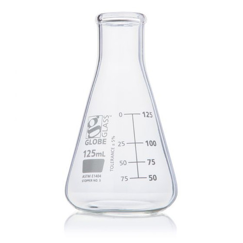 Globe Scientific 125mL ASTM Glass Erlenmeyer Flasks 8400125 For Laboratory Liquid Storage - Lab Glassware - Stellar Scientific Globe Scientific 125mL ASTM Glass Erlenmeyer Flasks 8400125 For Laboratory Liquid Storage - Lab Glassware - Stellar Scientific