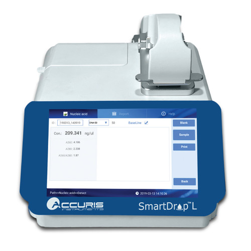 Operate The SmartDrop™ L Nano Spectrophotometer For Basic DNA/RNA/Protein Quantification And Purity Using the 7 Inch Touchscreen. No External Computer Is Needed. 