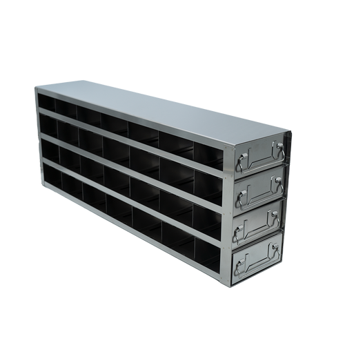 Stainless Steel Freezer Drawer Rack In A Four High By Seven Deep Format For 96 Well and 384 Well Plates And Popular 2D Barcode Tube Storage Racks - UFMDP-74 - Laboratory Freezer Racks - Stellar Scientific Stainless Steel Freezer Drawer Rack In A Four High By Seven Deep Format For 96 Well and 384 Well Plates And Popular 2D Barcode Tube Storage Racks - UFMDP-74 - Laboratory Freezer Racks - Stellar Scientific