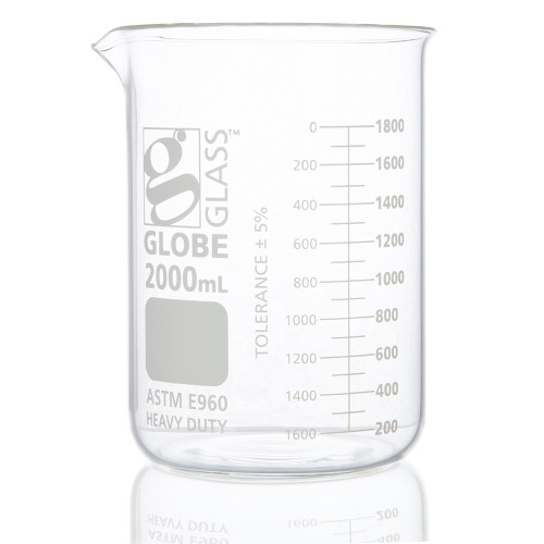 Globe Scientific 2000mL Low Form ASTM Borosilicate Heavy Duty Glass Griffin Beaker 8022000 For Laboratory Liquid Measuring - Lab Glassware - Stellar Scientific