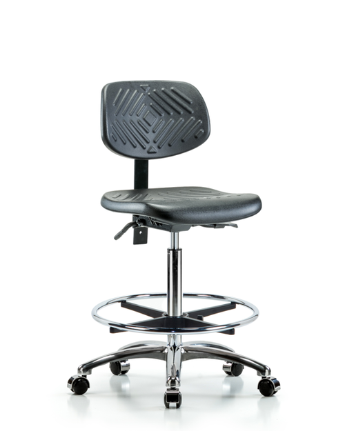 Polyurethane Chair Chrome - High Bench Height with Chrome Foot Ring & Casters in Black Polyurethane Polyurethane Chair Chrome - High Bench Height with Chrome Foot Ring & Casters in Black Polyurethane