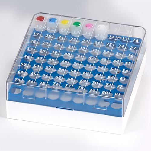 BioBox 81, for 1.0mL and 2.0mL CryoClear Vials, Polycarbonate (PC), Holds 81 vials (9x9 format), Printed Lid, 5/CS