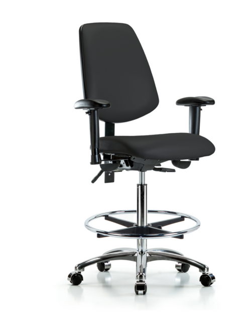 Vinyl Chair With Chrome Parts High Bench Height with Medium Back Seat Tilt Adjustable Arms Chrome Foot Ring and Casters in Black Supernova Vinyl VHBCH-MB-CR-T1-A1-CF-CC-8540 - Lab Chairs - Stellar Scientific