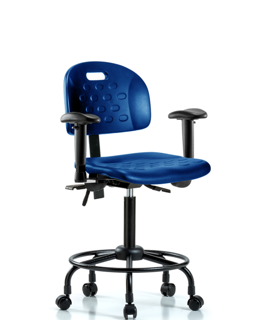 Newport Industrial Polyurethane Chair with Round Tube Base - Medium Bench Height with Adjustable Arms & Casters in Blue Polyurethane