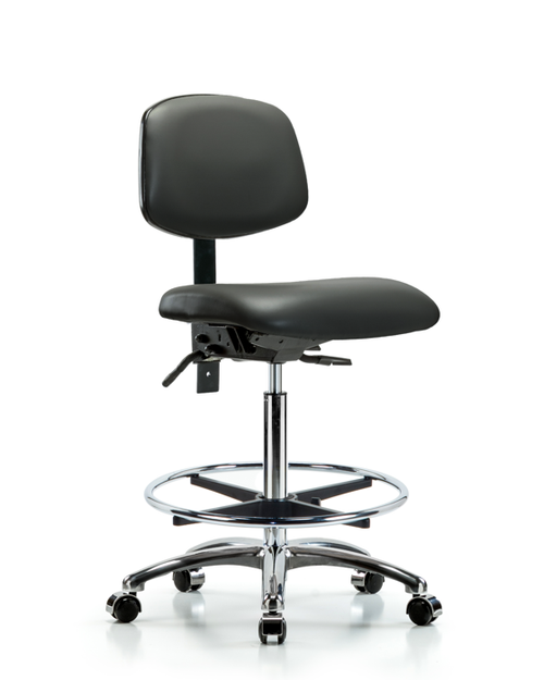 Vinyl Chair Chrome - High Bench Height with Seat Tilt, Chrome Foot Ring, & Casters in Carbon Supernova Vinyl