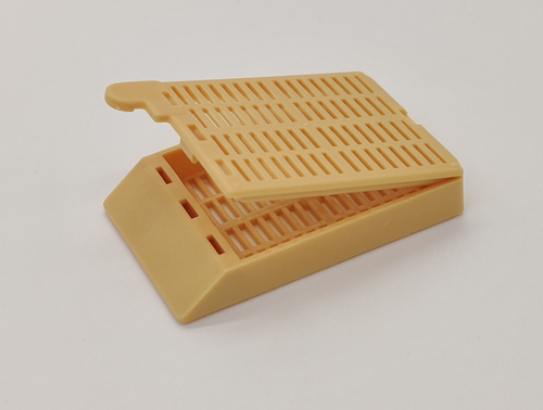 Plastic Biopsy Tissue Cassettes With Attached Lid And 35° Angled Face, Tan