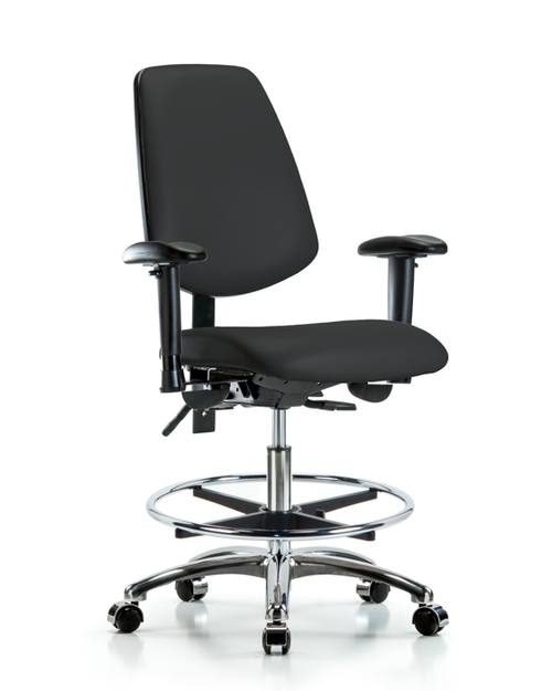 Vinyl Lab Chair In Chrome VMBCH-MB-CR-T1-A1-CF-CC-8540- Medium Bench Height with Medium Back, Seat Tilt, Adjustable Arms, Chrome Foot Ring, & Casters in Black Trailblazer Vinyl