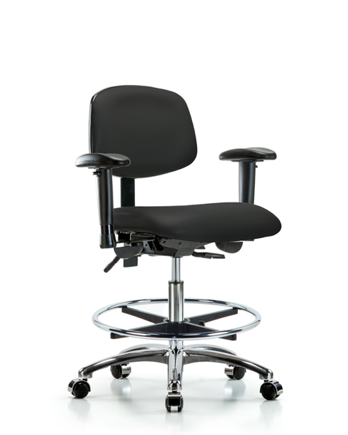 Medium Bench Height with Seat Tilt, Adjustable Arms, Chrome Foot Ring, & Casters in Black Trailblazer Vinyl Medium Bench Height with Seat Tilt, Adjustable Arms, Chrome Foot Ring, & Casters in Black Trailblazer Vinyl