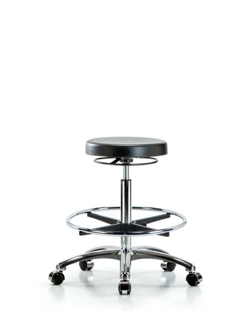 Polyurethane Stool Chrome - High Bench Height with Chrome Foot Ring & Casters, Black Polyurethane Stool Chrome - High Bench Height with Chrome Foot Ring & Casters, Black