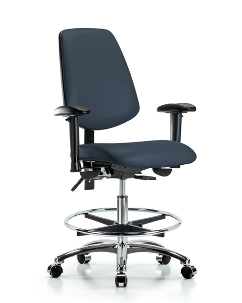 Rutledge Vinyl Chair Chrome - Medium Bench Height with Medium Back, Seat Tilt, Adjustable Arms, Chrome Foot Ring, & Casters in Imperial Blue Trailblazer Viny Chair Rutledge Vinyl Chair Chrome - Medium Bench Height with Medium Back, Seat Tilt, Adjustable Arms, Chrome Foot Ring, & Casters in Imperial Blue Trailblazer Viny Chair