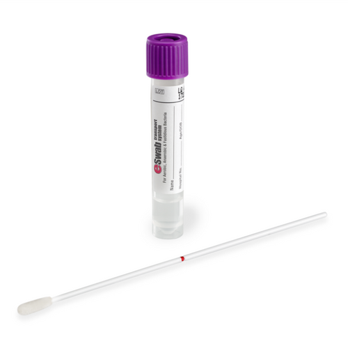 ESwab® Single Regular Size Nylon Flocked Swab with 80mm Breakpoint Packaged with 1 mL Liquid Amies Medium in Skirted Tube with Purple Non-Capture Cap - Individually Packaged, Sterile, 500/CS