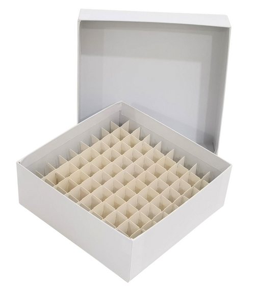 2 Inch White Cardboard Freezer Box With Four Corner Holes And 81 Place Divider, Case of 50