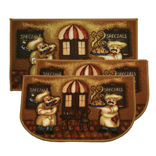 Kashi Home Chef 3pc Kitchen Rug Set, (2) Slice 18"x30" Rugs, (1) 20"x40" Mat, Non-Slid Latex Back