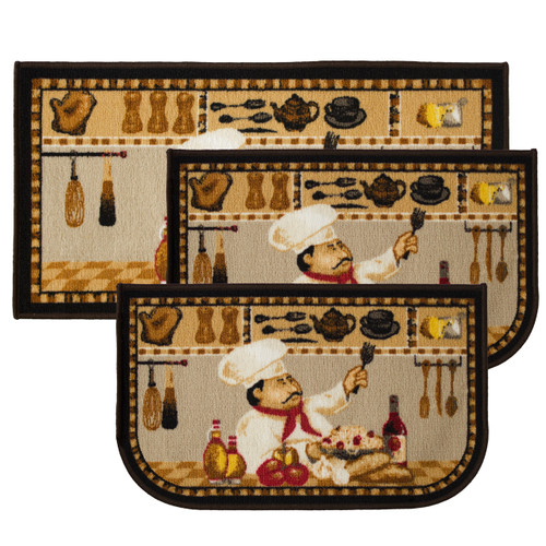 Wine Chef 3pc Kitchen Rug Set, (2) Slice 18"x30" Rugs, (1) 20"x40" Mat, Non-Slid Latex Back