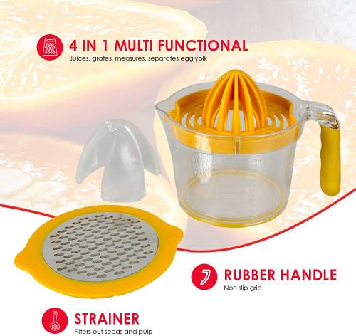 4-in-1 Simple Squeeze Hand Press Manual Food-Grade Plastic Juicer with Built-in Measuring Cup and Egg Separator, Yellow, 16.6 oz