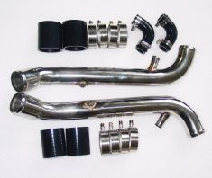 The factory plastic bi-pipe is a known weak point, with multiple restriction points and a small 1.5" diameter that limits airflow and can fail under boost. This upgraded system increases pipe diameter to 2.0", improving airflow by over 30%.